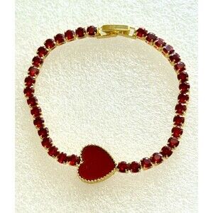 Gold Tone Red Glass Crystal Tennis Bracelet Enamel Heart Charm Accent